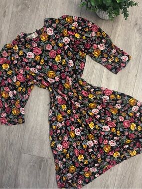 Vintage 80s Holt Renfrew Cottagecore Prairie Black Dress with Pink Yellow Roses